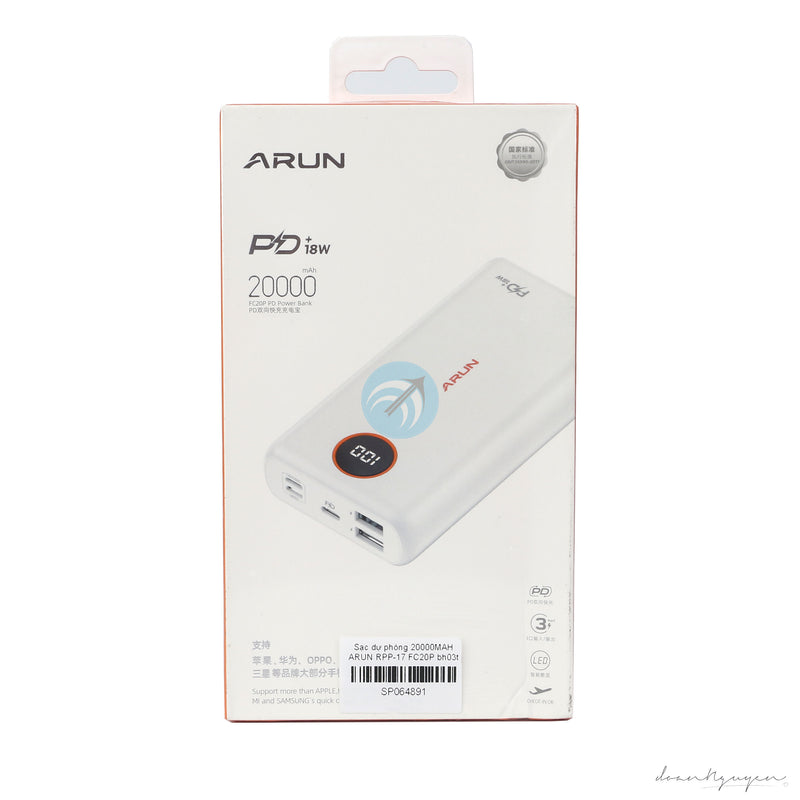 Sạc dự phòng 20000MAH ARUN FC20P bh03t