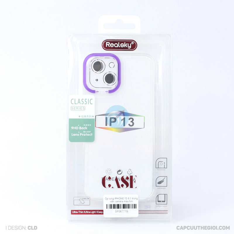 Ốp lưng IPHONE 13 6.1 trong viền camera màu tím REALSKY